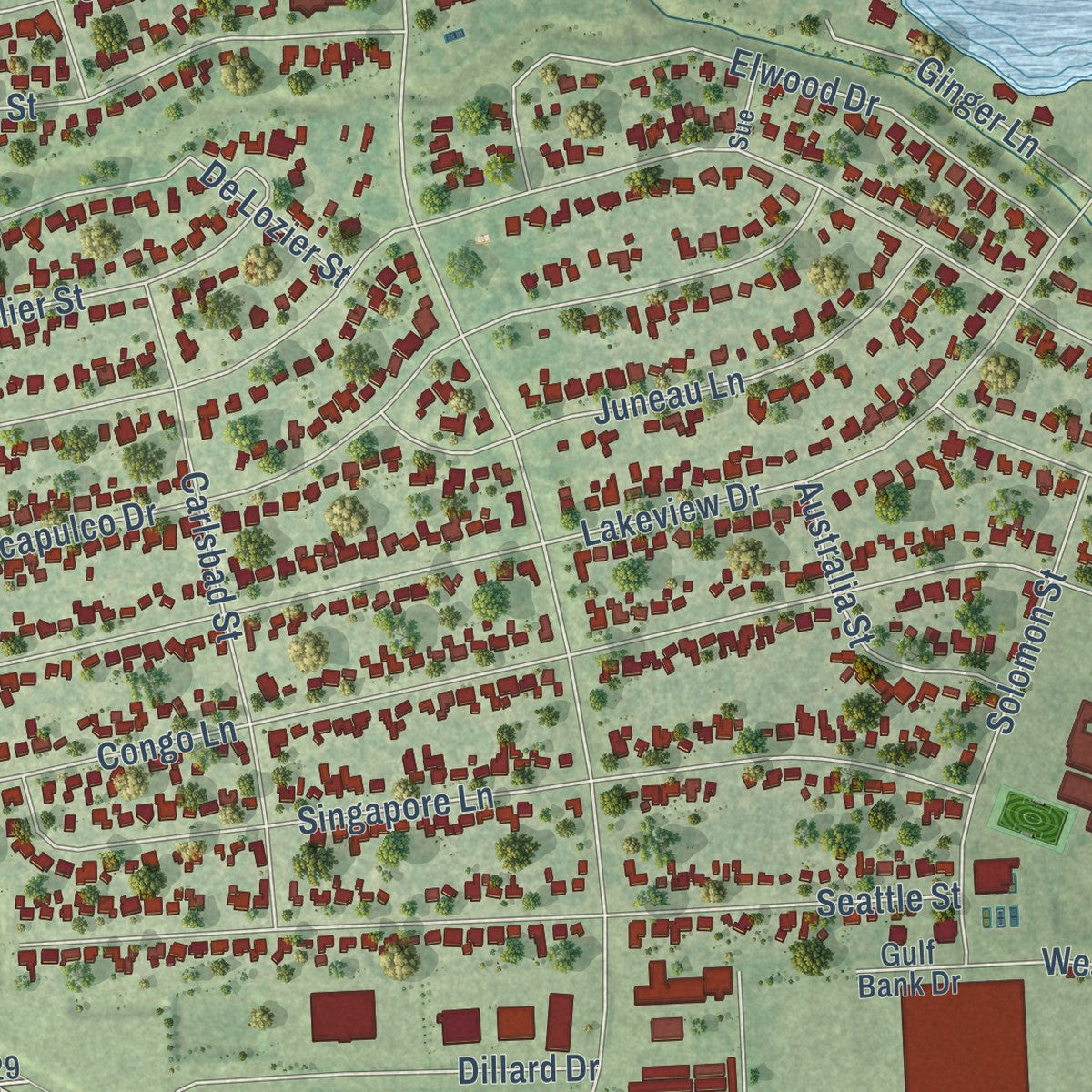 Close-up of the map of Jersey Village, Texas print showing street and building detail