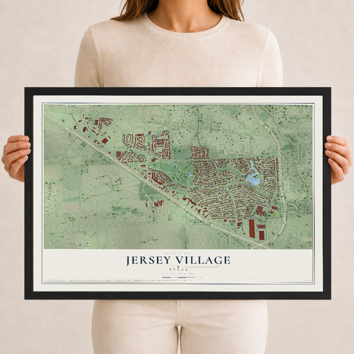 Map of Jersey Village, Texas, 12 x 18 inch print in a black wood frame