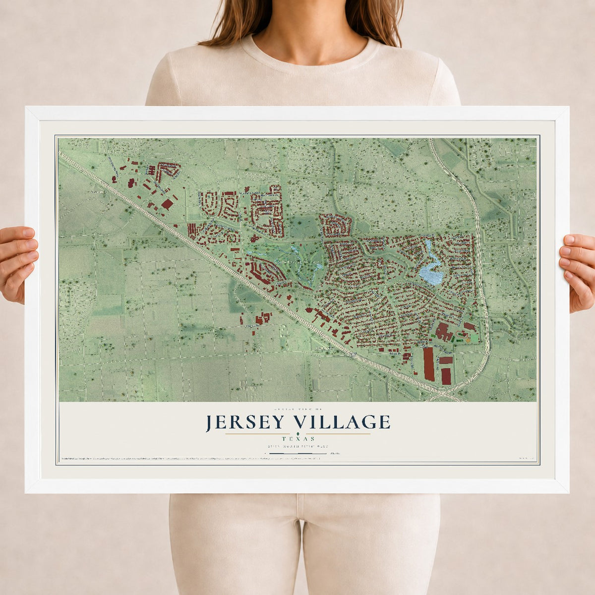 Map of Jersey Village, Texas, 18 x 24 inch print in a white wood frame