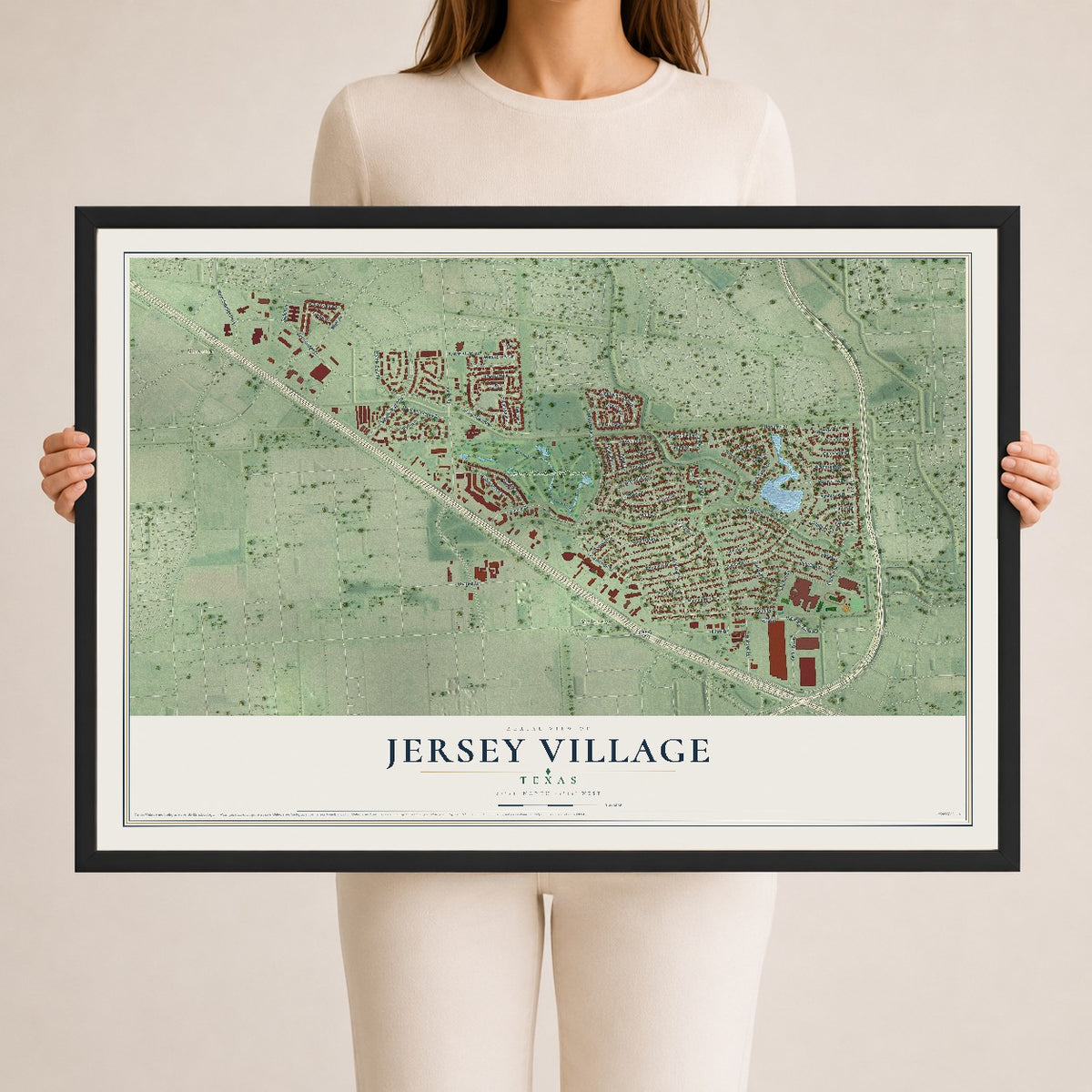 Map of Jersey Village, Texas, 24 x 36 inch print in a black wood frame