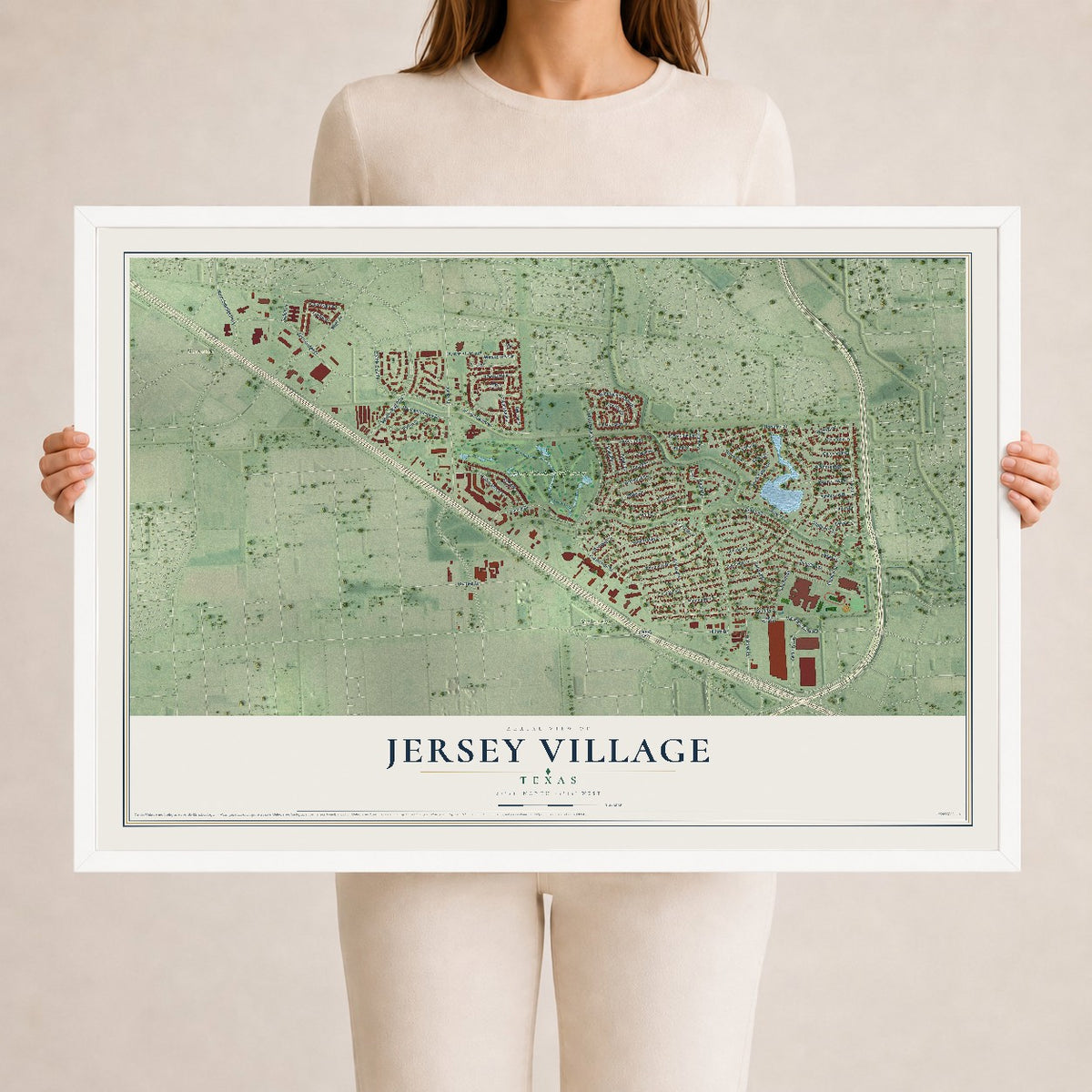 Map of Jersey Village, Texas, 24 x 36 inch print in a white wood frame