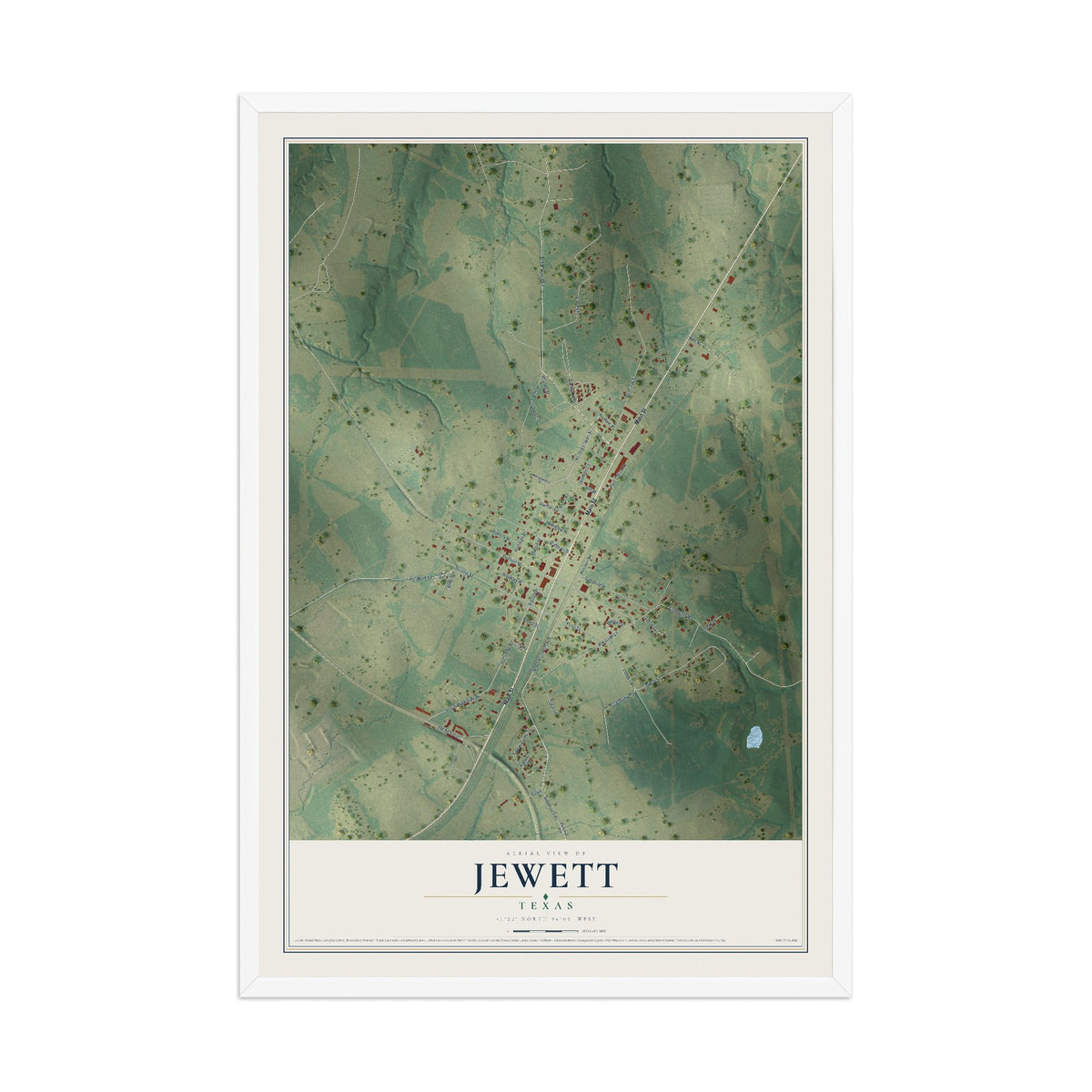 Map of Jewett, Texas, 12 x 18 inch print in a white wood frame
