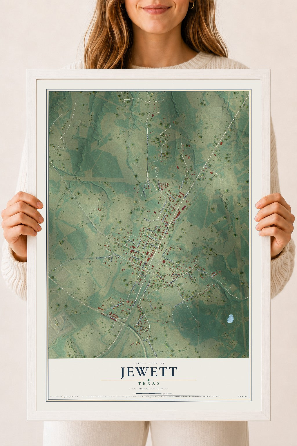 Map of Jewett, Texas, 18 x 24 inch print in a white wood frame