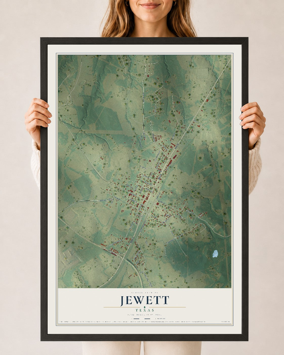 Map of Jewett, Texas, 24 x 36 inch print in a black wood frame