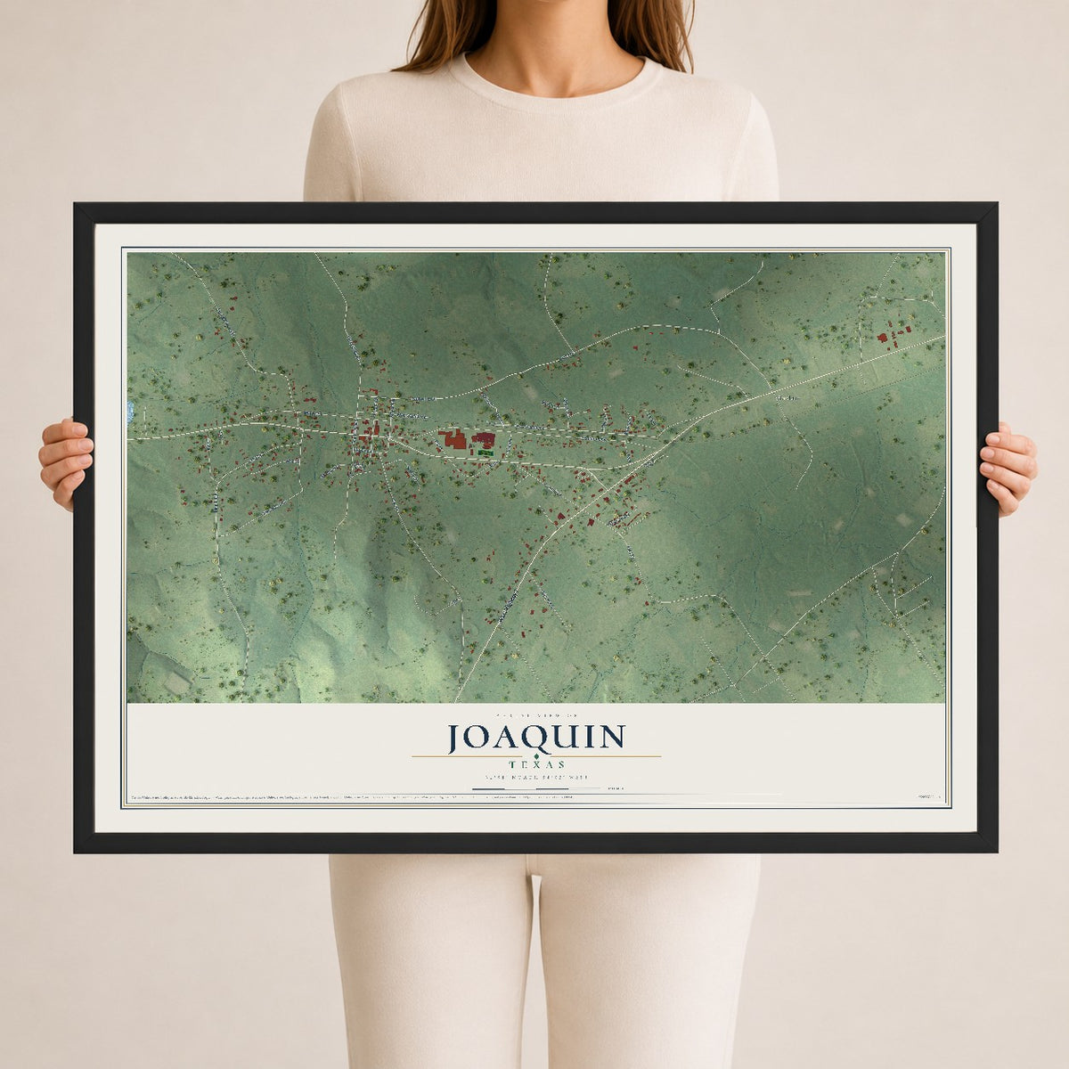 Map of Joaquin, Texas, 24 x 36 inch print in a black wood frame