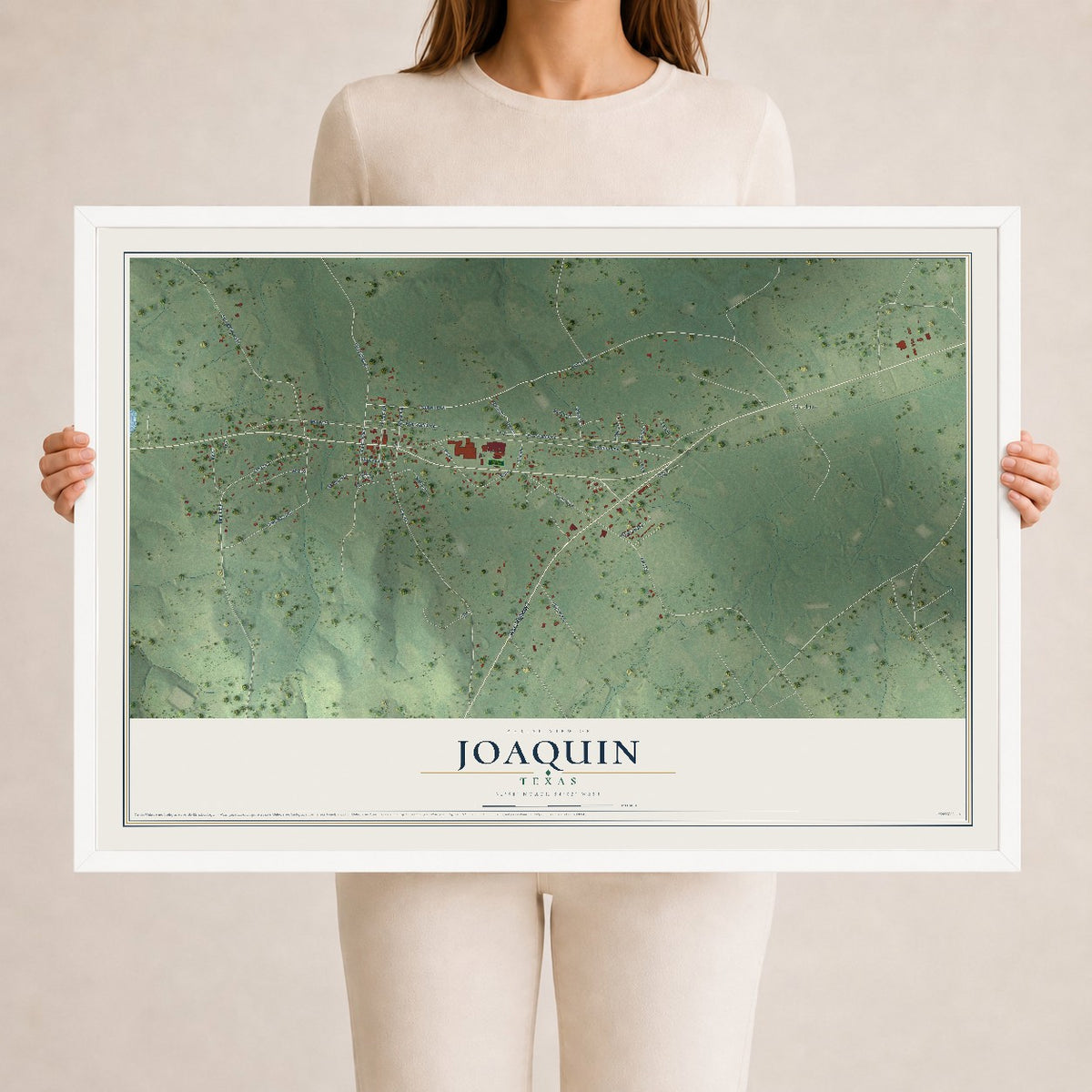 Map of Joaquin, Texas, 24 x 36 inch print in a white wood frame