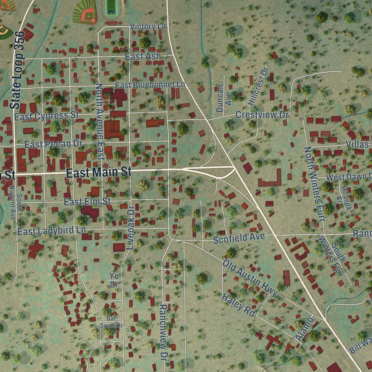 Close-up of the map of Johnson City, Texas print showing street and building detail