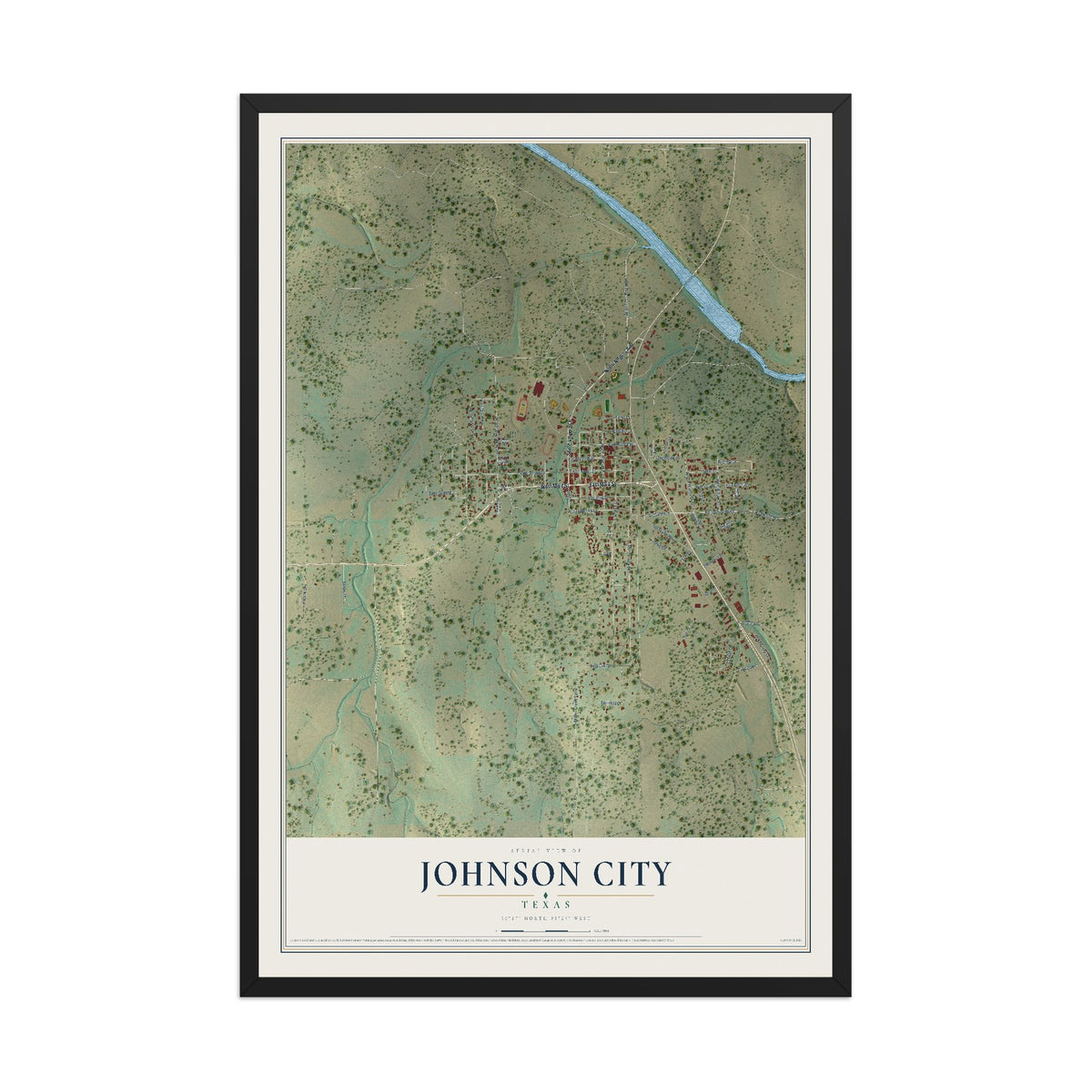 Map of Johnson City, Texas, 12 x 18 inch print in a black wood frame
