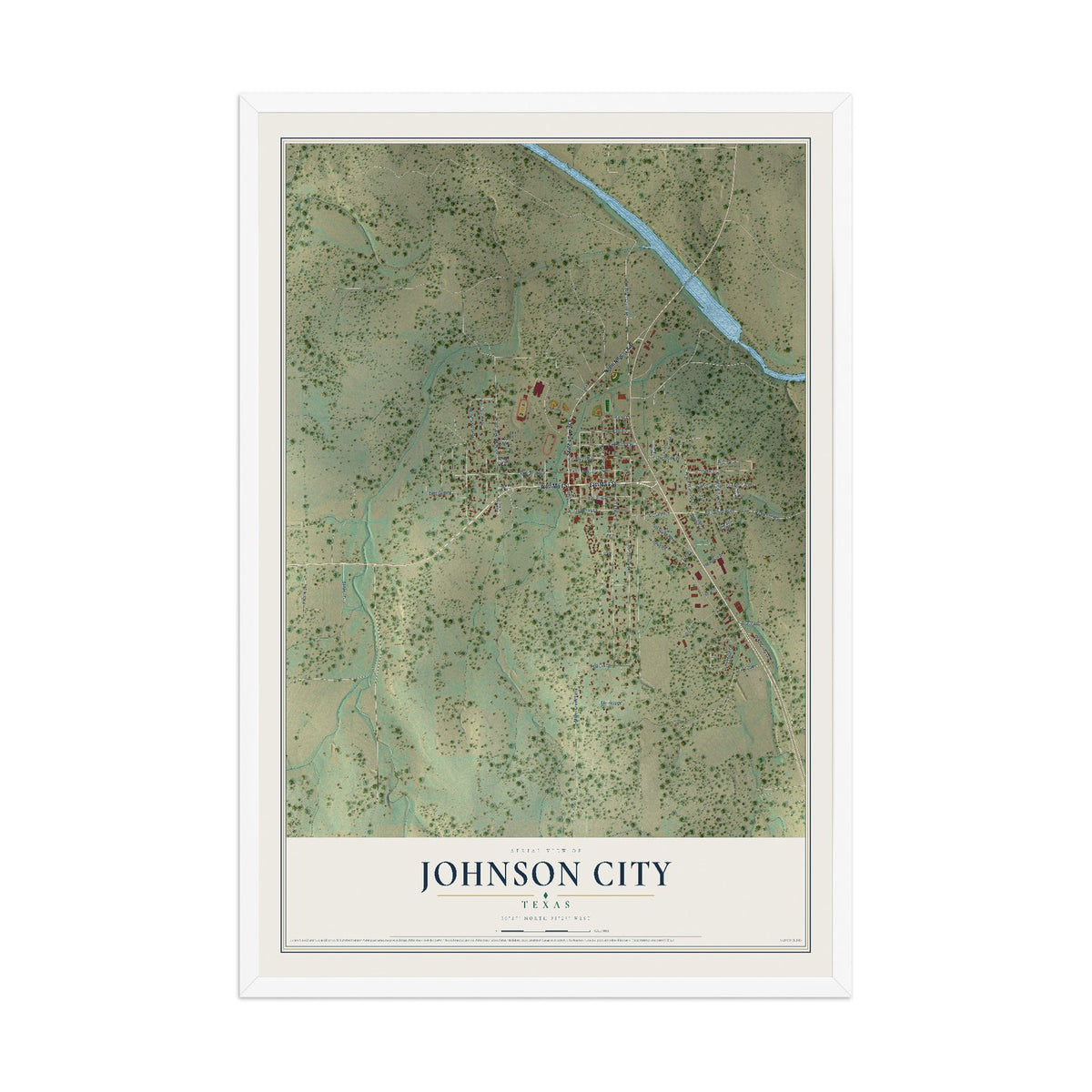 Map of Johnson City, Texas, 12 x 18 inch print in a white wood frame