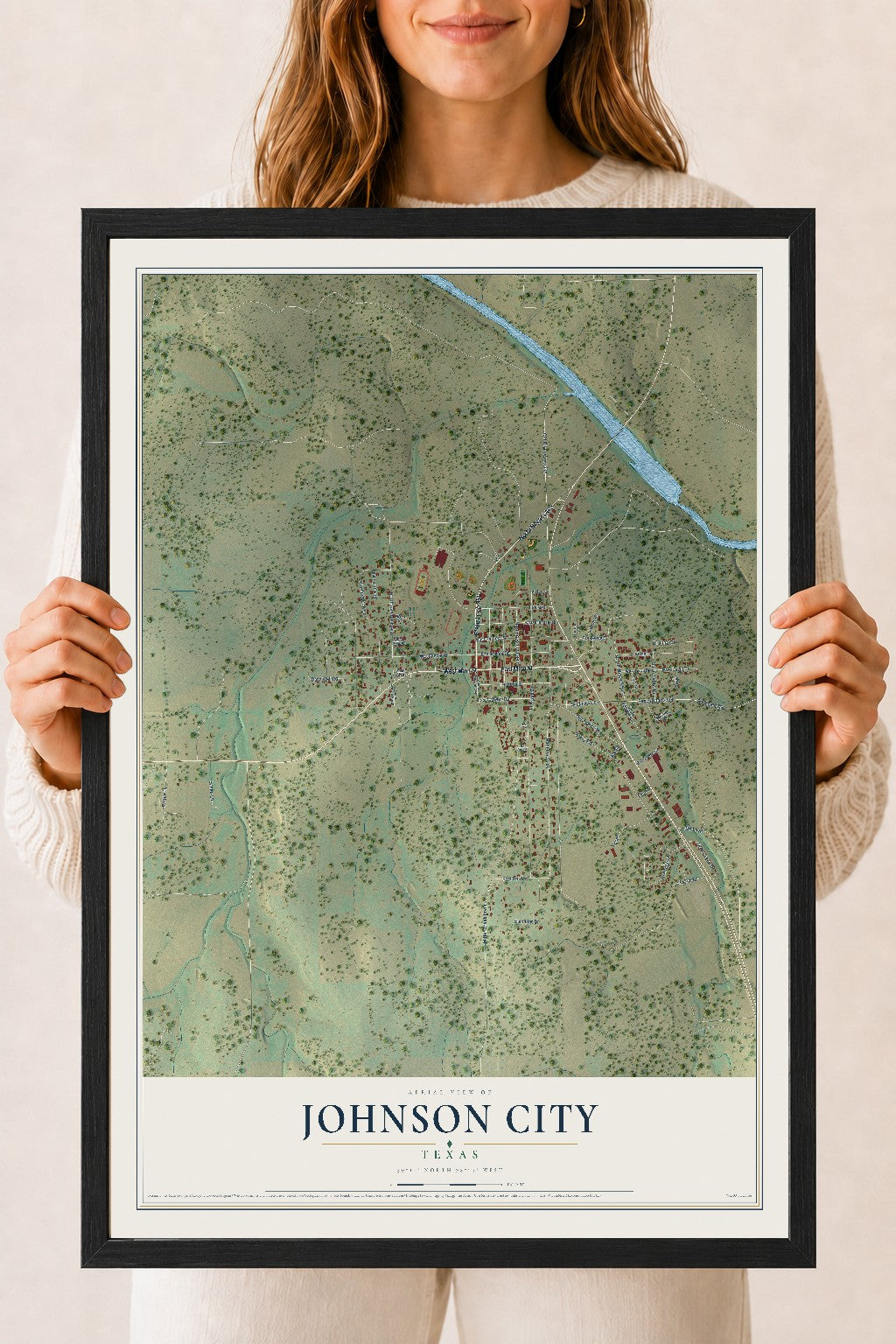 Map of Johnson City, Texas, 18 x 24 inch print in a black wood frame
