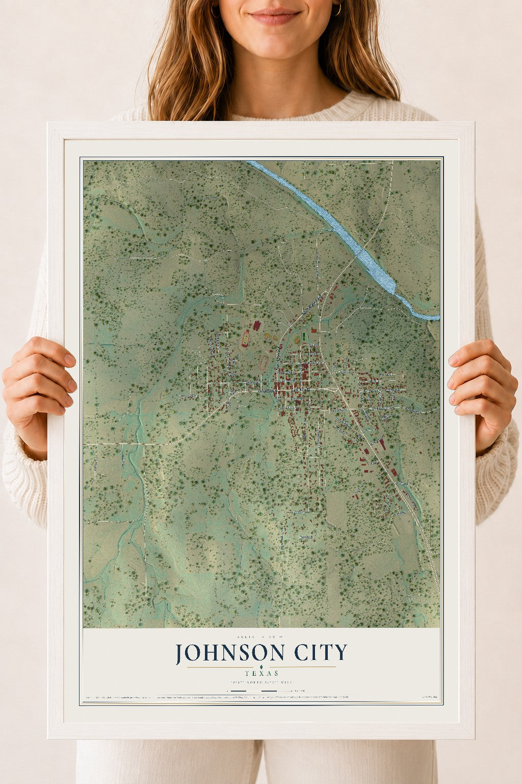 Map of Johnson City, Texas, 18 x 24 inch print in a white wood frame