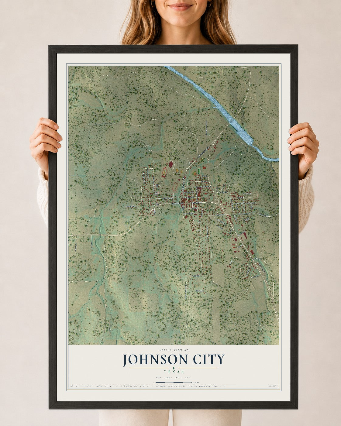 Map of Johnson City, Texas, 24 x 36 inch print in a black wood frame