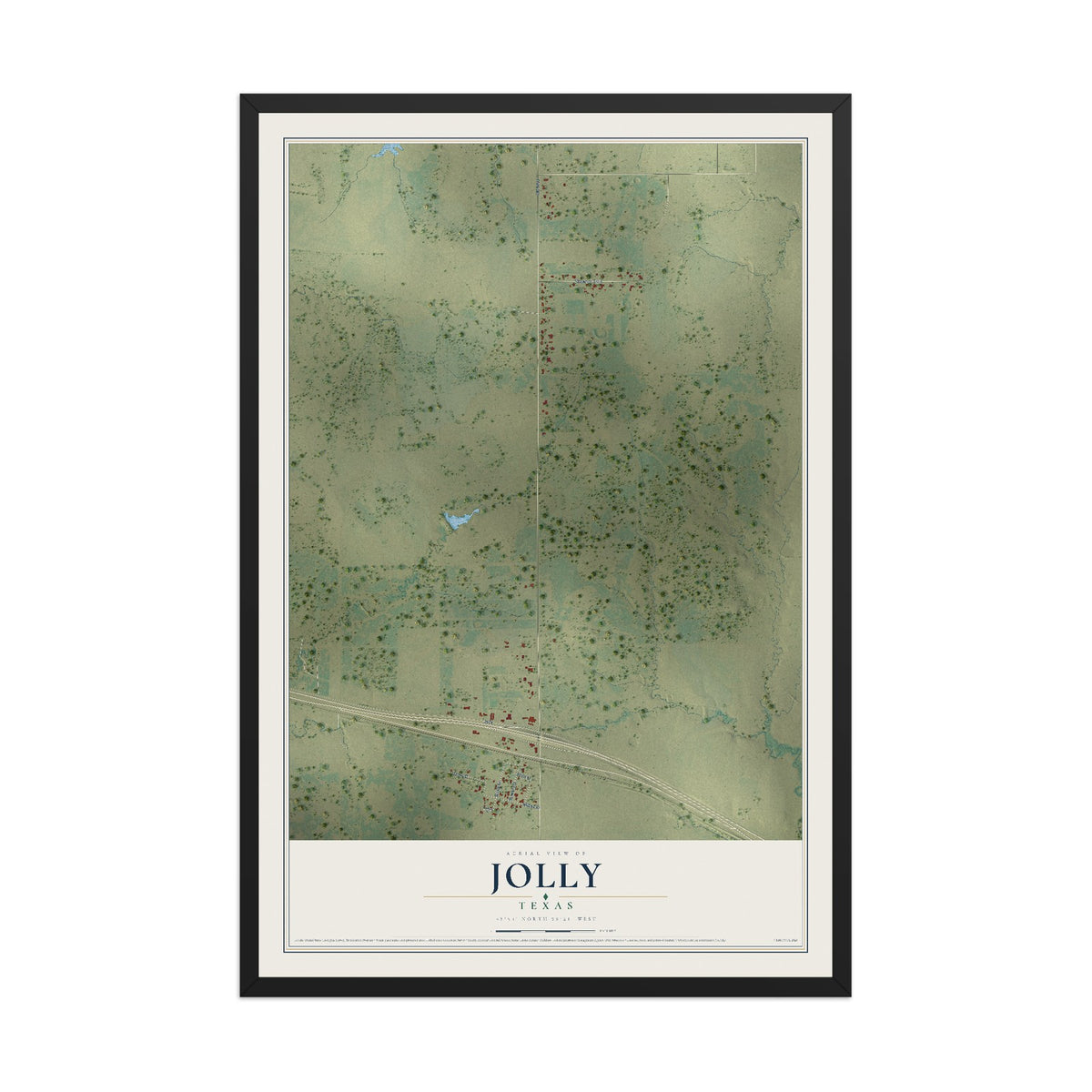 Map of Jolly, Texas, 12 x 18 inch print in a black wood frame