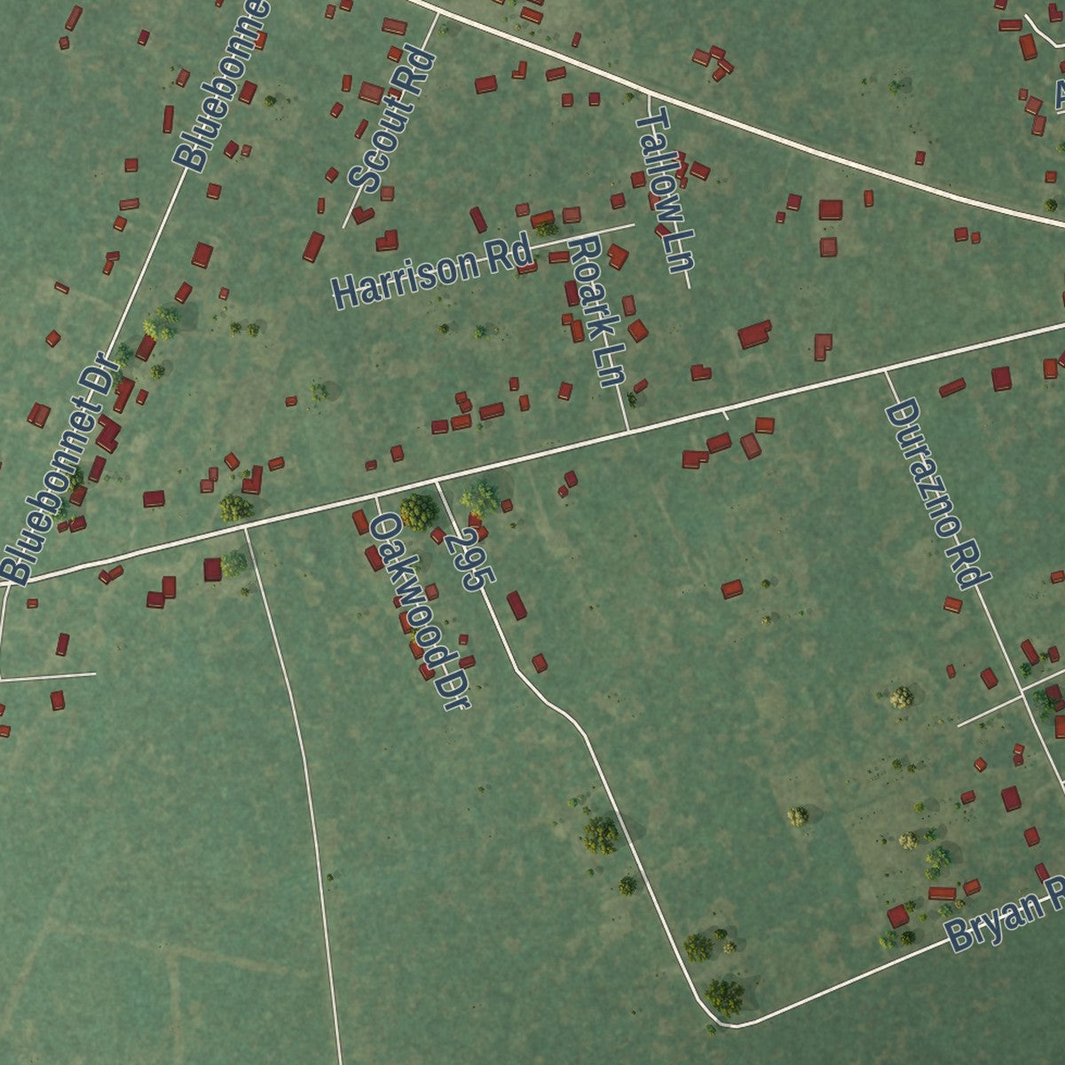 Second close-up of the map of Jones Creek, Texas print showing more streets and buildings