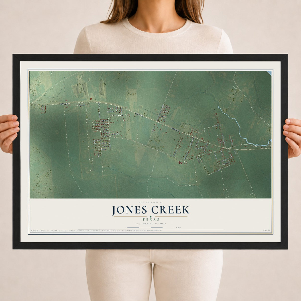 Map of Jones Creek, Texas, 18 x 24 inch print in a black wood frame