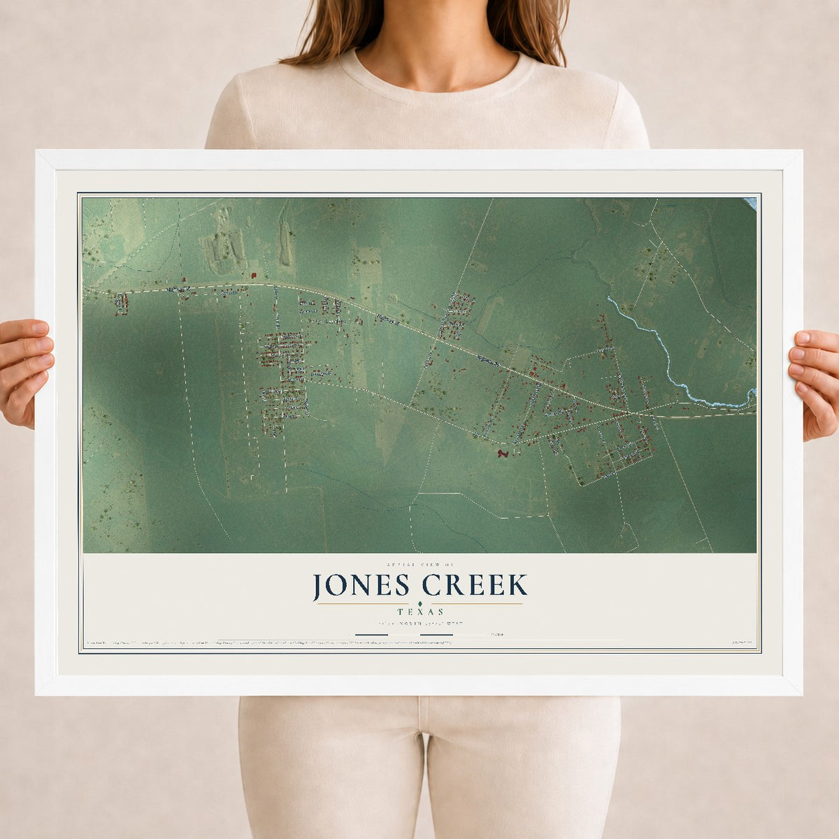 Map of Jones Creek, Texas, 18 x 24 inch print in a white wood frame