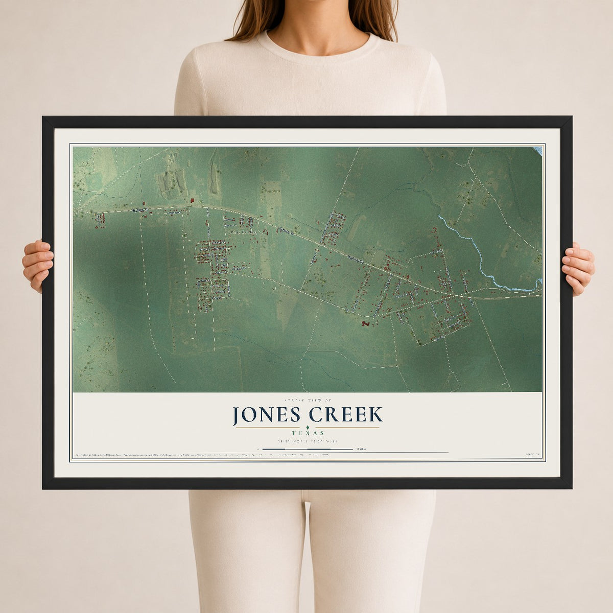 Map of Jones Creek, Texas, 24 x 36 inch print in a black wood frame