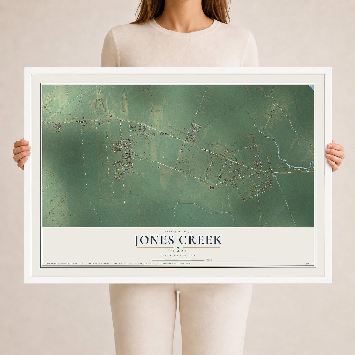 Map of Jones Creek, Texas, 24 x 36 inch print in a white wood frame