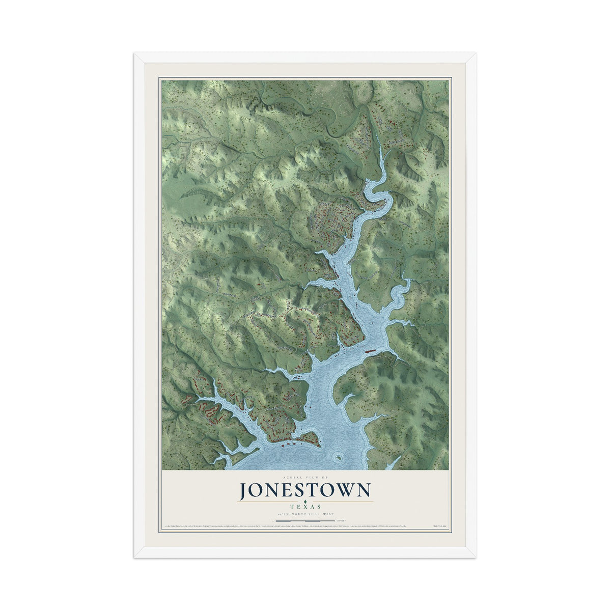 Map of Jonestown, Texas, 12 x 18 inch print in a white wood frame