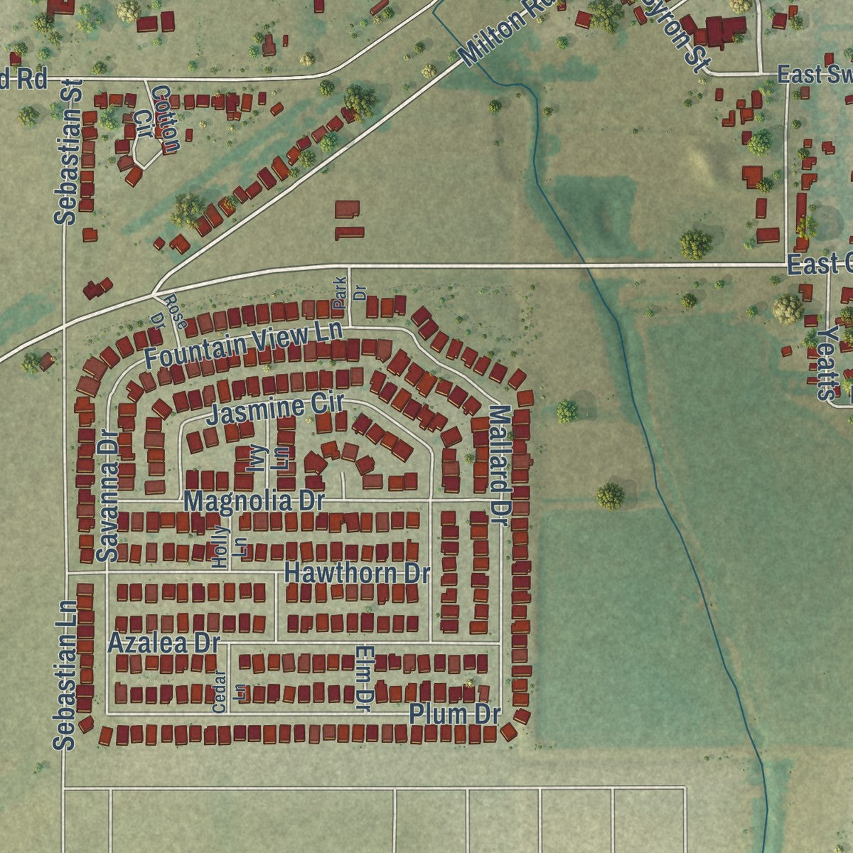 Close-up of the map of Josephine, Texas print showing street and building detail