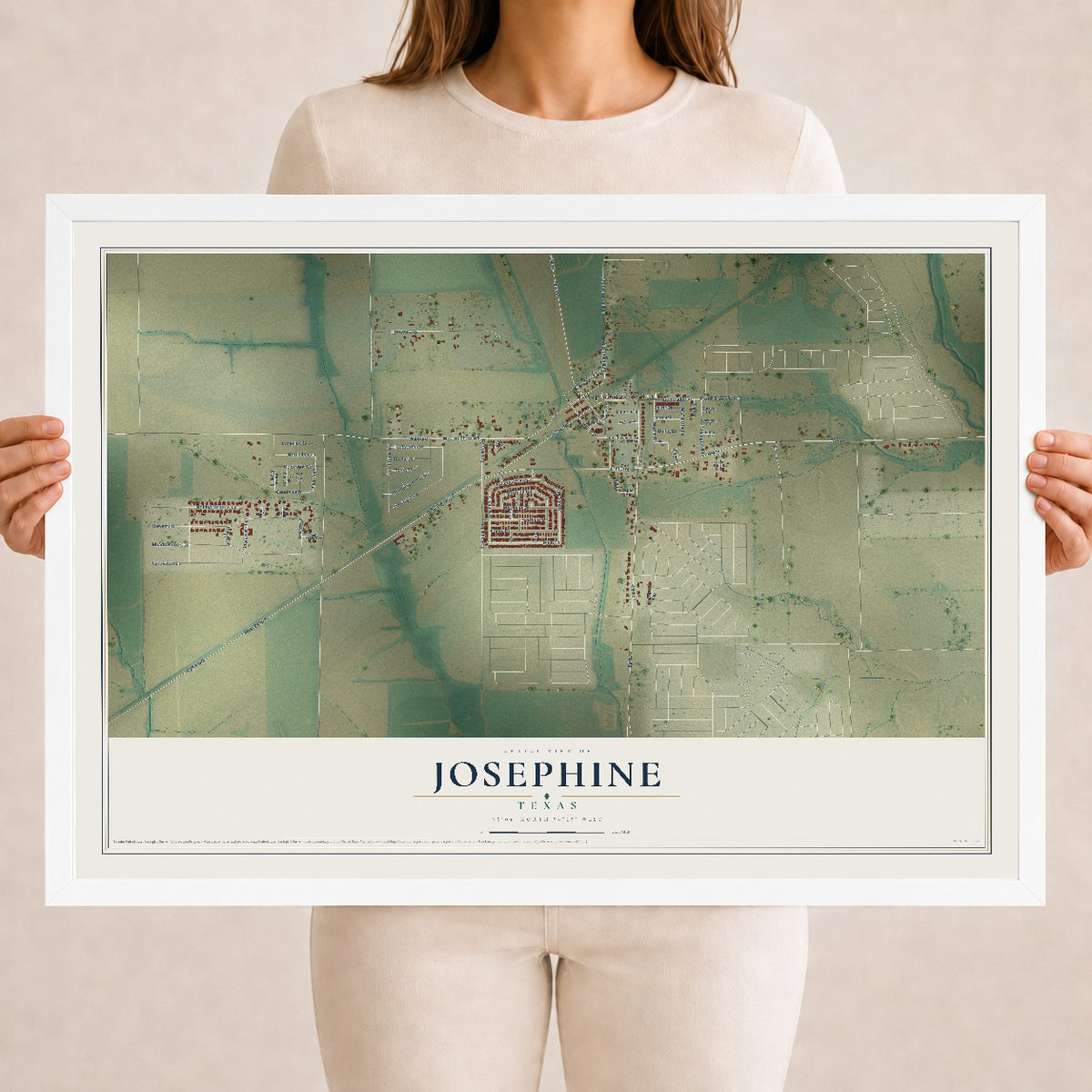 Map of Josephine, Texas, 18 x 24 inch print in a white wood frame