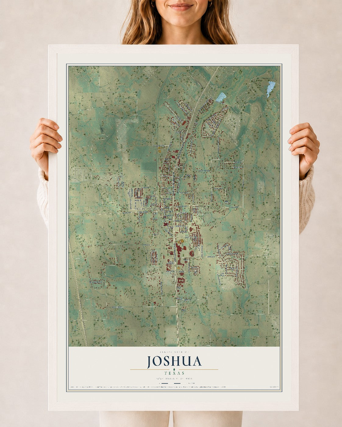 Map of Joshua, Texas, 24 x 36 inch print in a white wood frame
