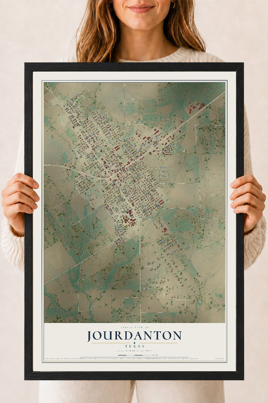 Map of Jourdanton, Texas, 18 x 24 inch print in a black wood frame