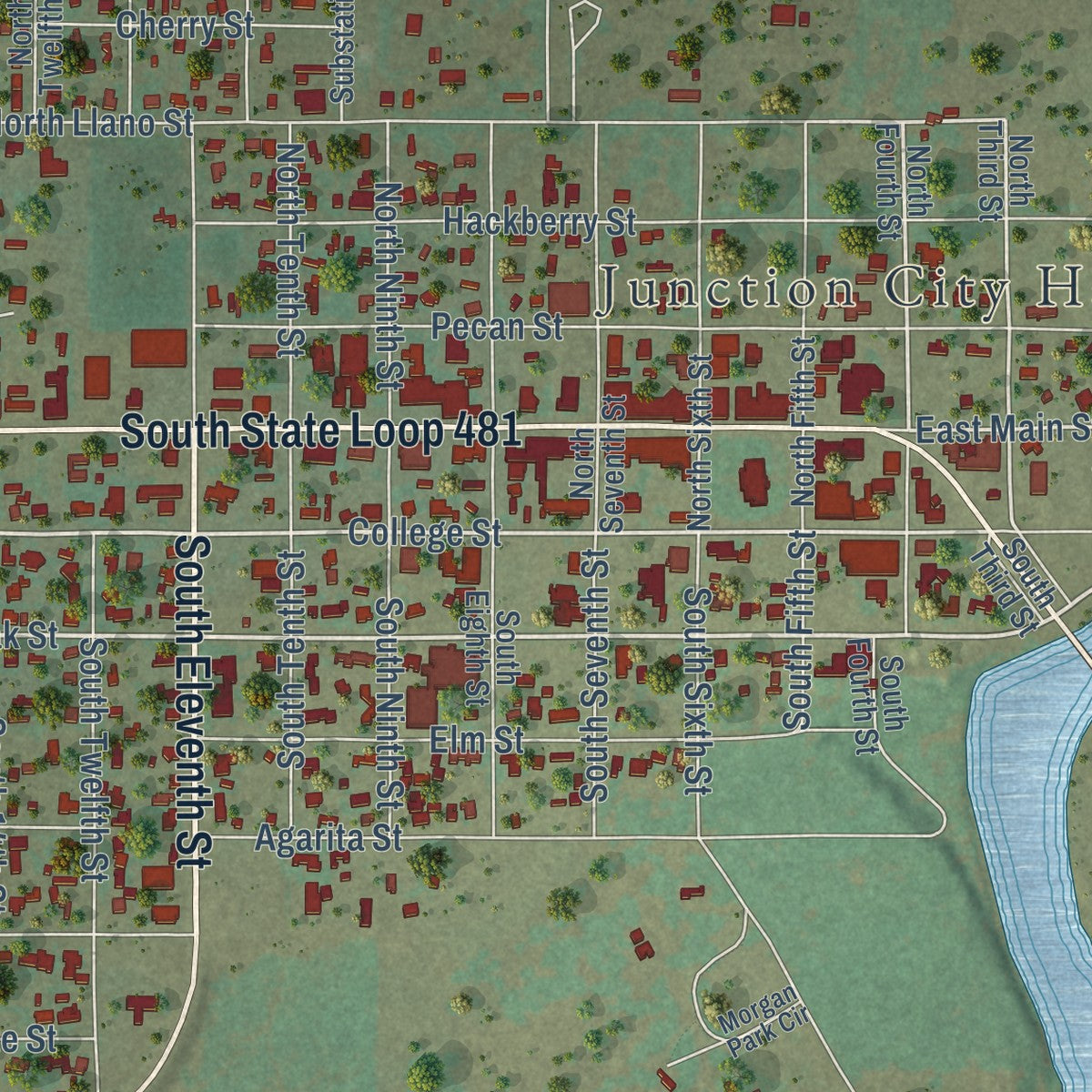 Second close-up of the map of Junction, Texas print showing more streets and buildings
