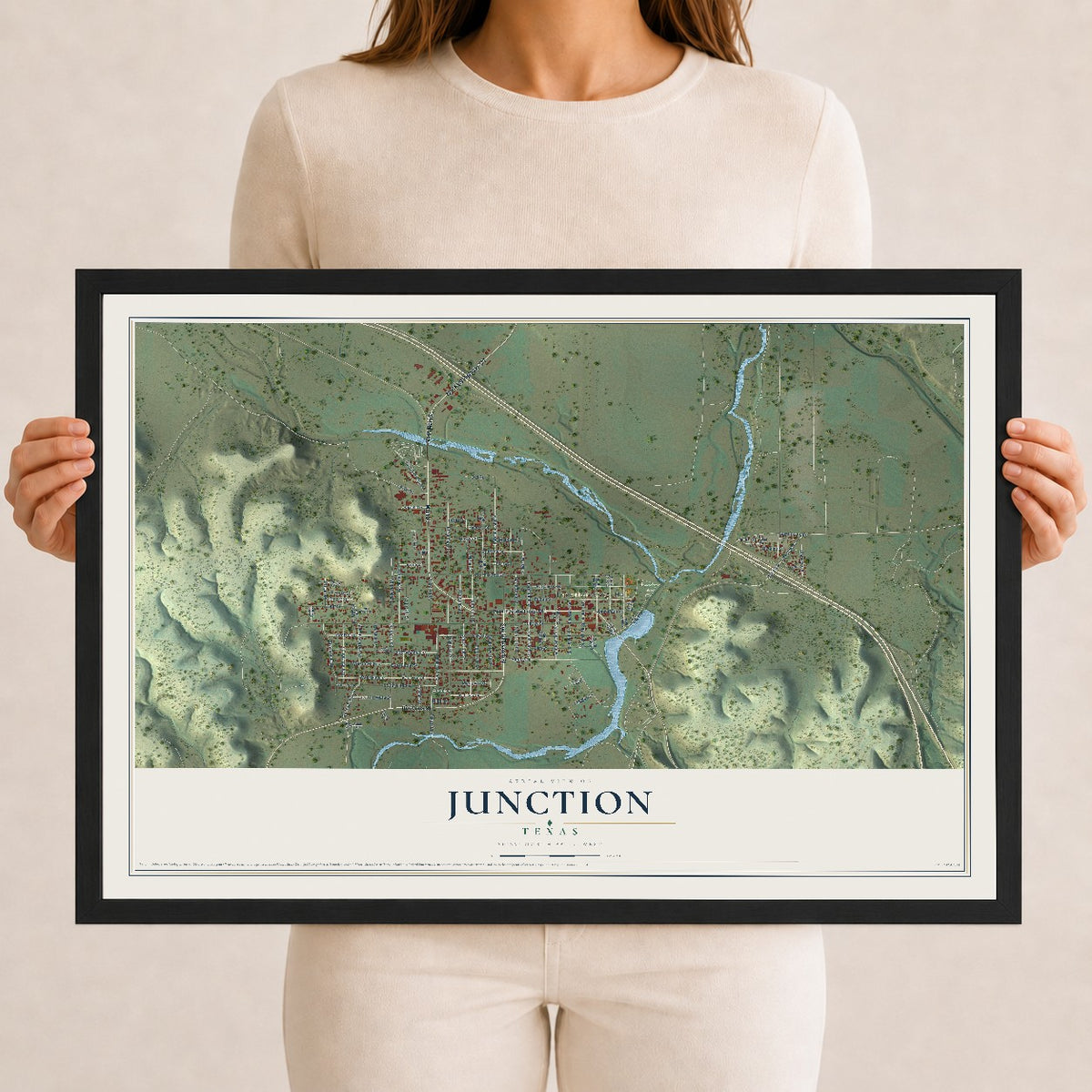 Map of Junction, Texas, 12 x 18 inch print in a black wood frame