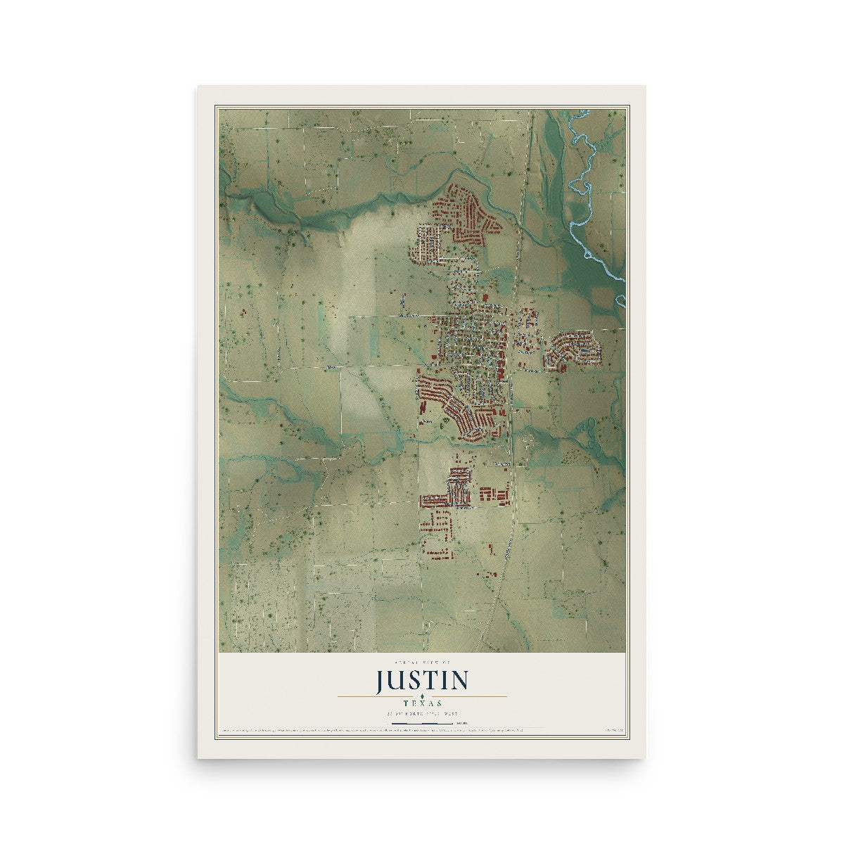 Map of Justin, Texas, 12 x 18 inch unframed archival matte print