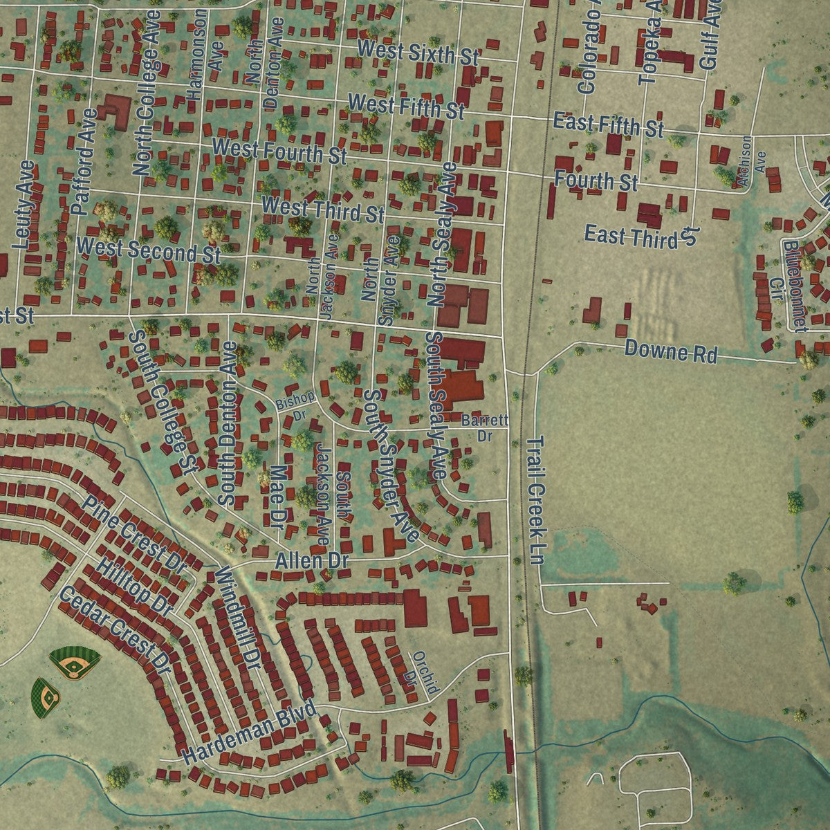 Close-up of the map of Justin, Texas print showing street and building detail