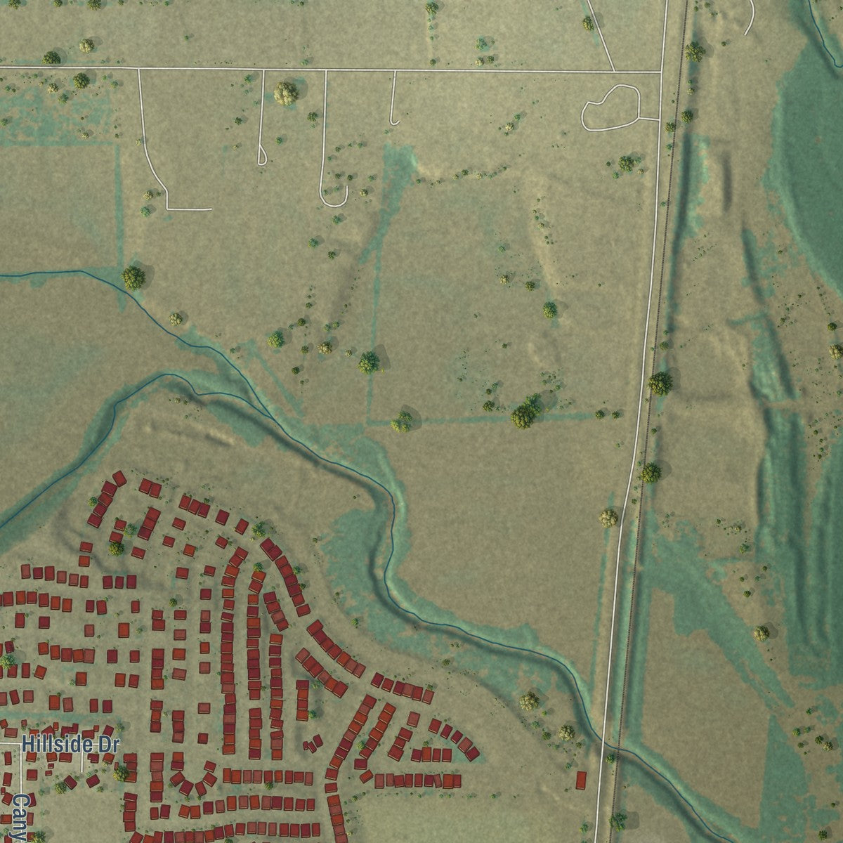 Second close-up of the map of Justin, Texas print showing more streets and buildings