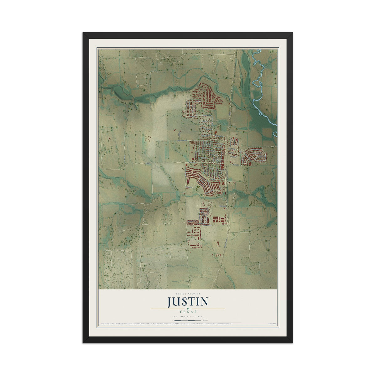 Map of Justin, Texas, 12 x 18 inch print in a black wood frame