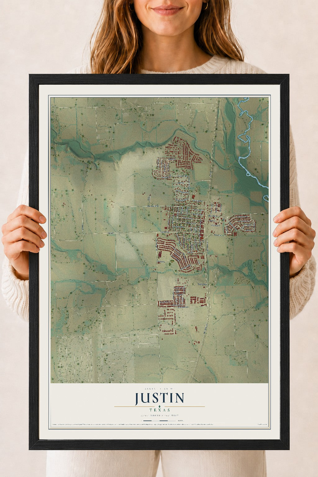 Map of Justin, Texas, 18 x 24 inch print in a black wood frame