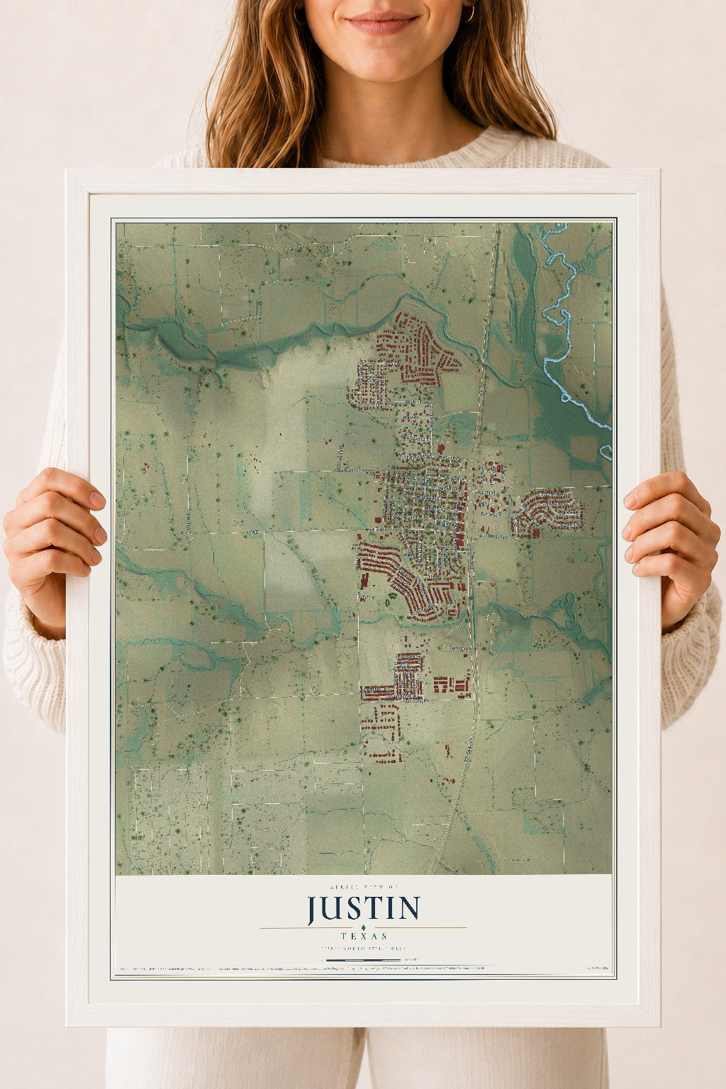 Map of Justin, Texas, 18 x 24 inch print in a white wood frame