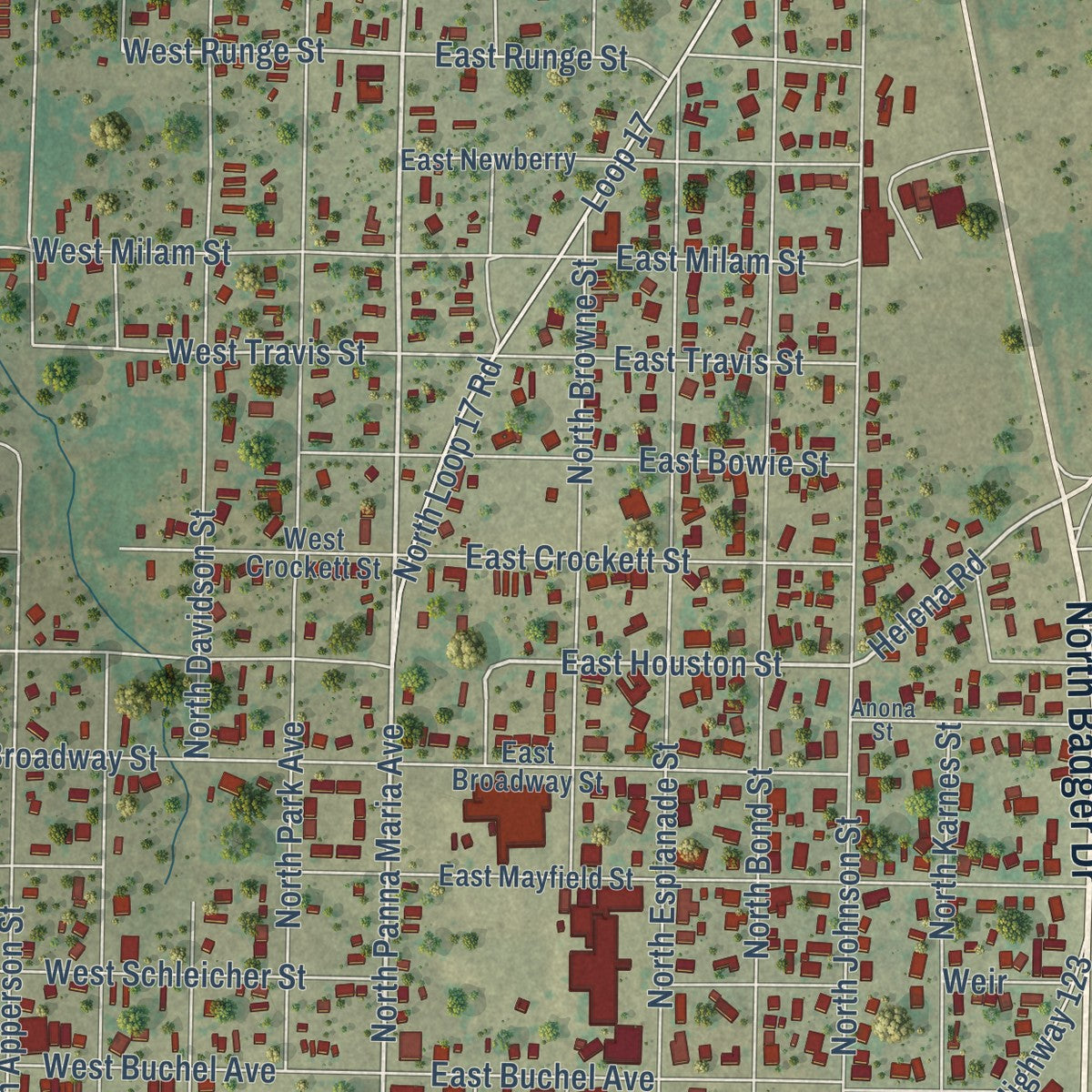Close-up of the map of Karnes City, Texas print showing street and building detail