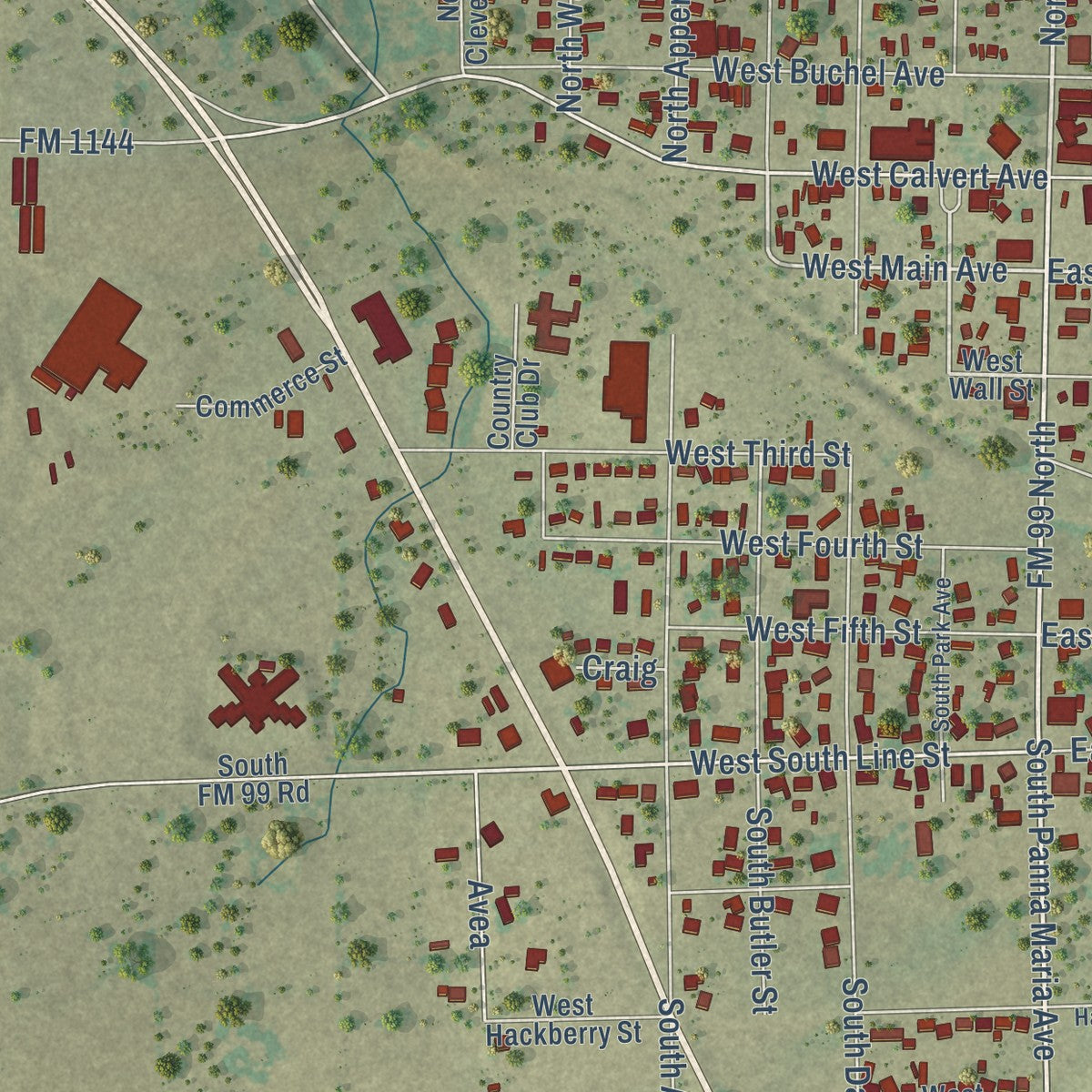 Second close-up of the map of Karnes City, Texas print showing more streets and buildings