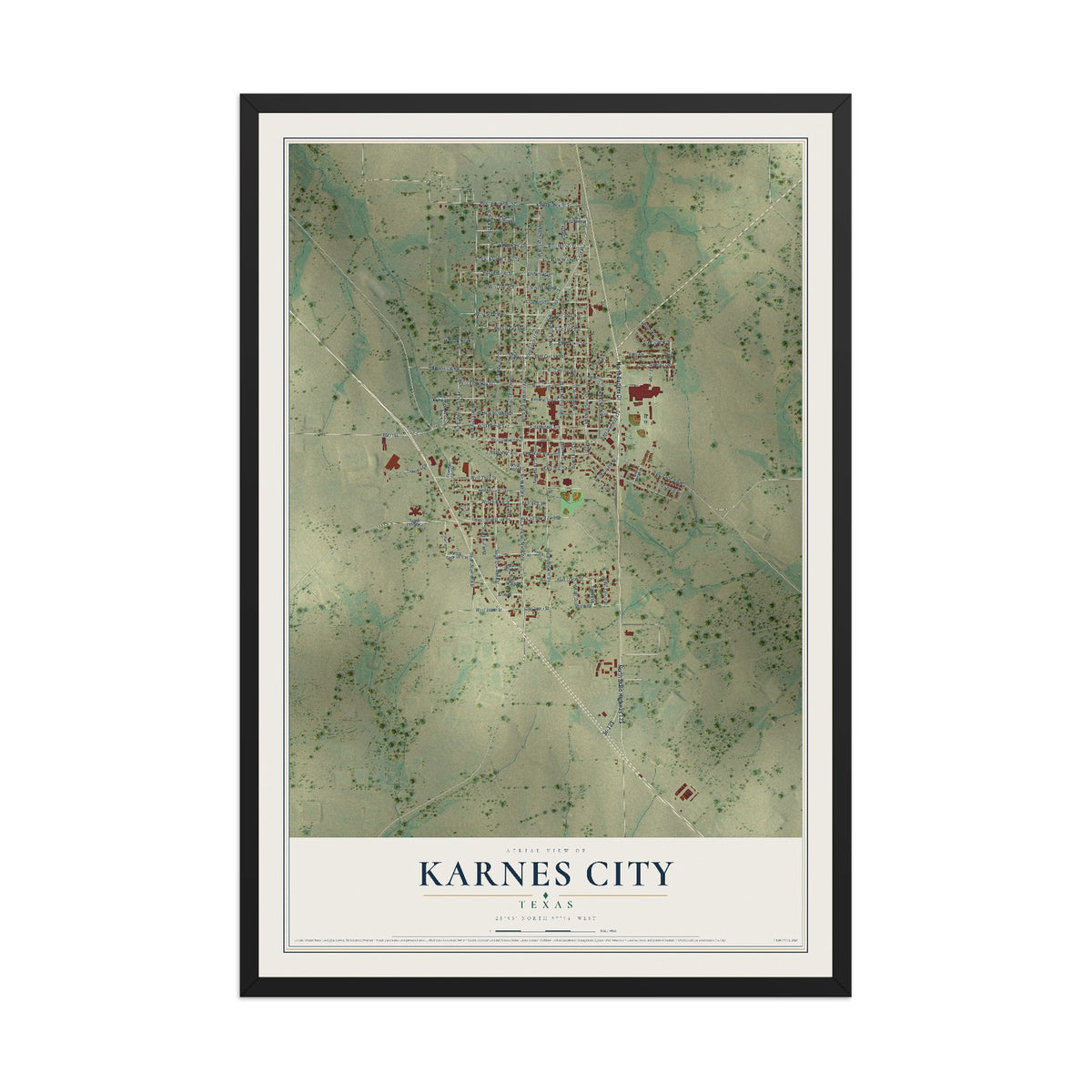 Map of Karnes City, Texas, 12 x 18 inch print in a black wood frame