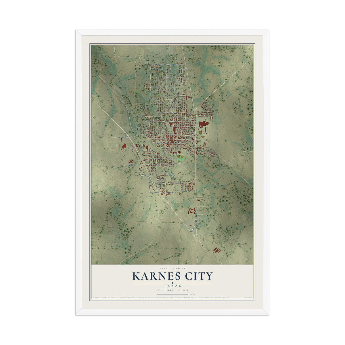 Map of Karnes City, Texas, 12 x 18 inch print in a white wood frame