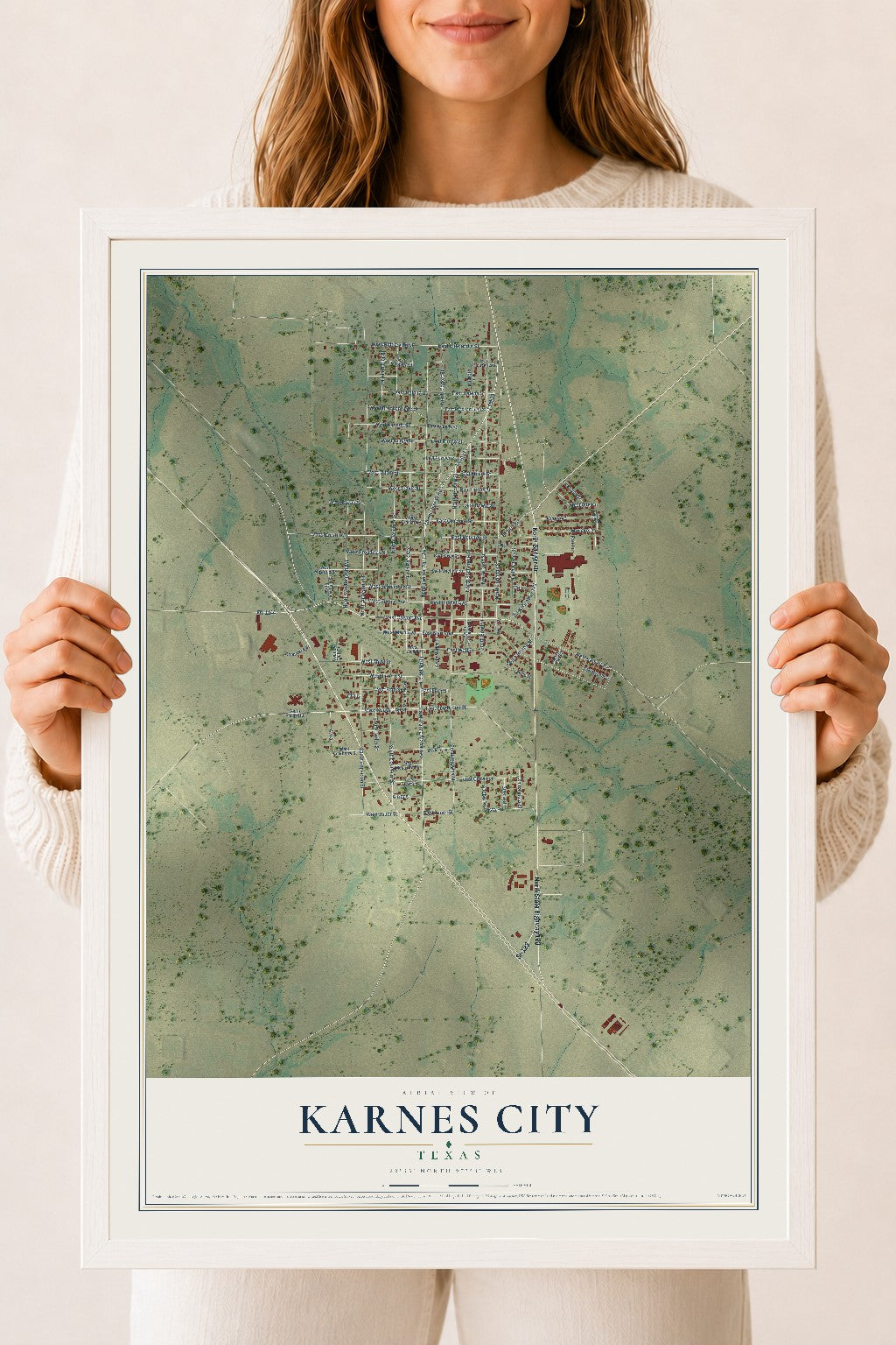 Map of Karnes City, Texas, 18 x 24 inch print in a white wood frame
