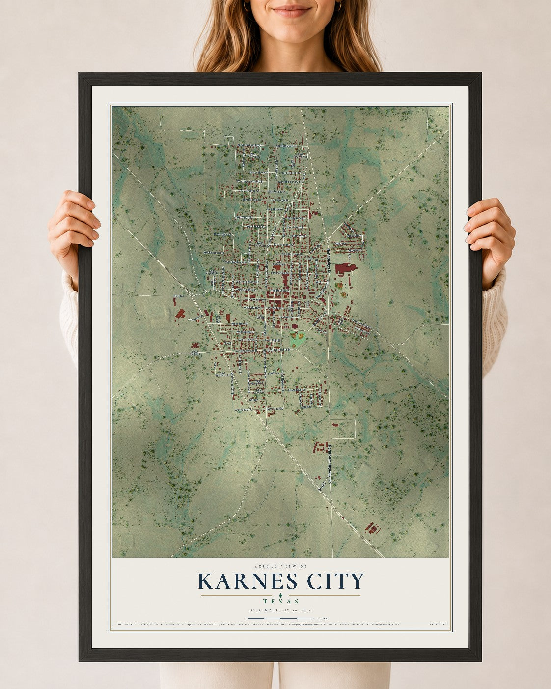 Map of Karnes City, Texas, 24 x 36 inch print in a black wood frame