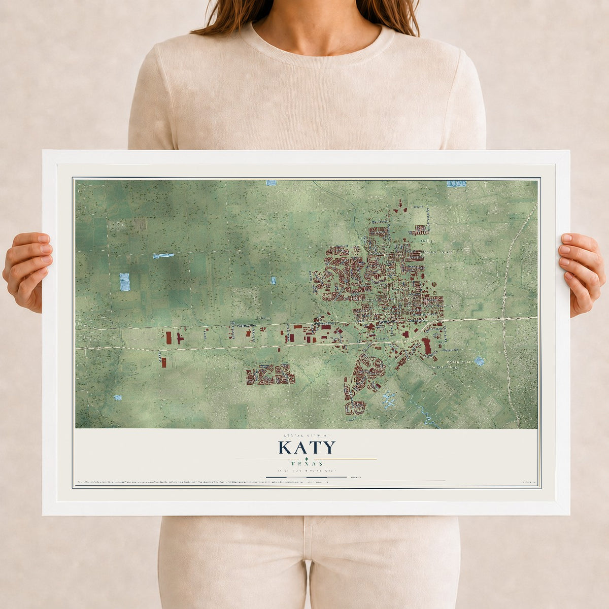 Map of Katy, Texas, 12 x 18 inch print in a white wood frame