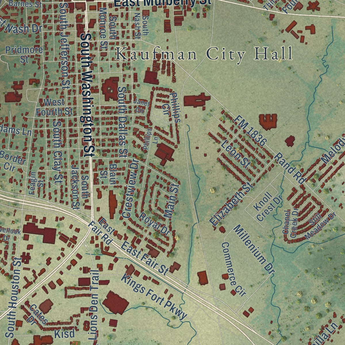 Close-up of the map of Kaufman, Texas print showing street and building detail