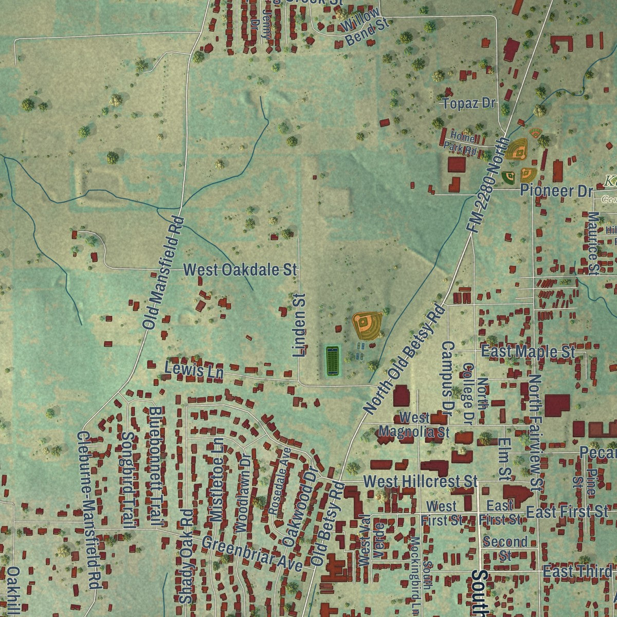 Close-up of the map of Keene, Texas print showing street and building detail