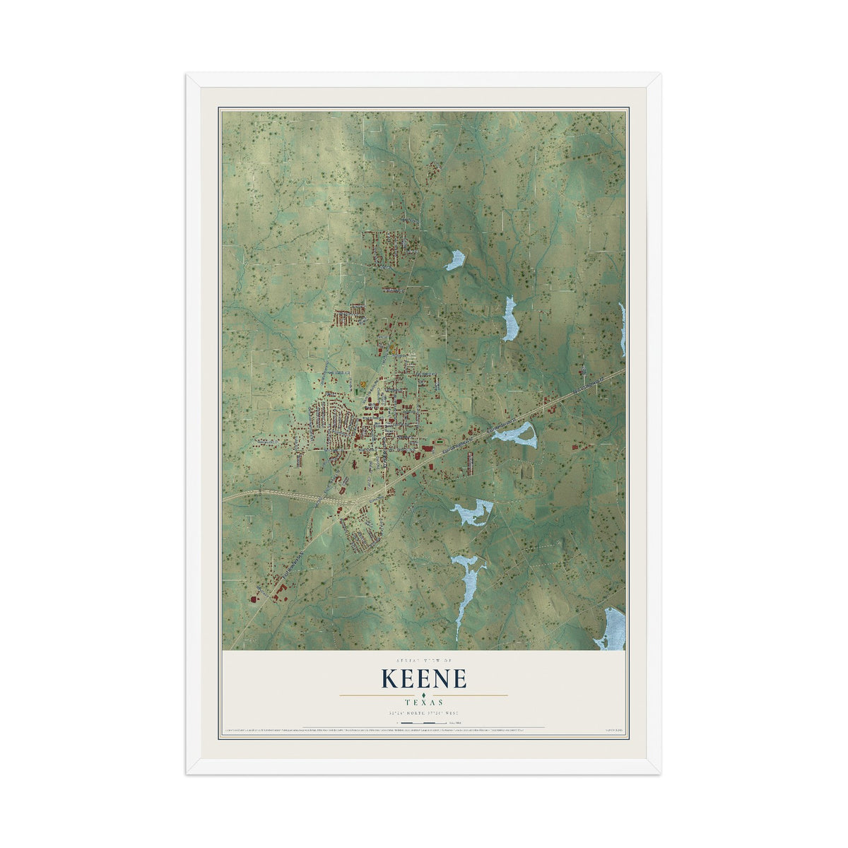 Map of Keene, Texas, 12 x 18 inch print in a white wood frame