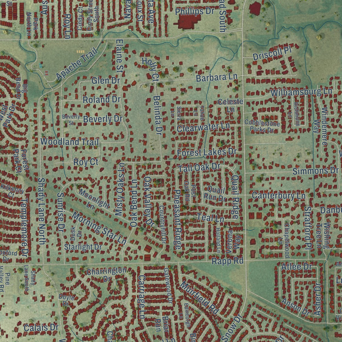 Close-up of the map of Keller, Texas print showing street and building detail