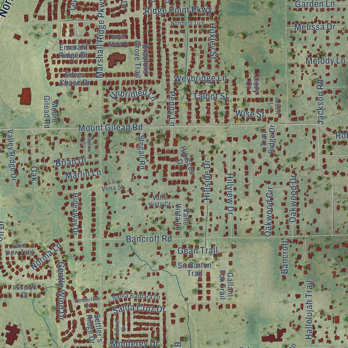Second close-up of the map of Keller, Texas print showing more streets and buildings