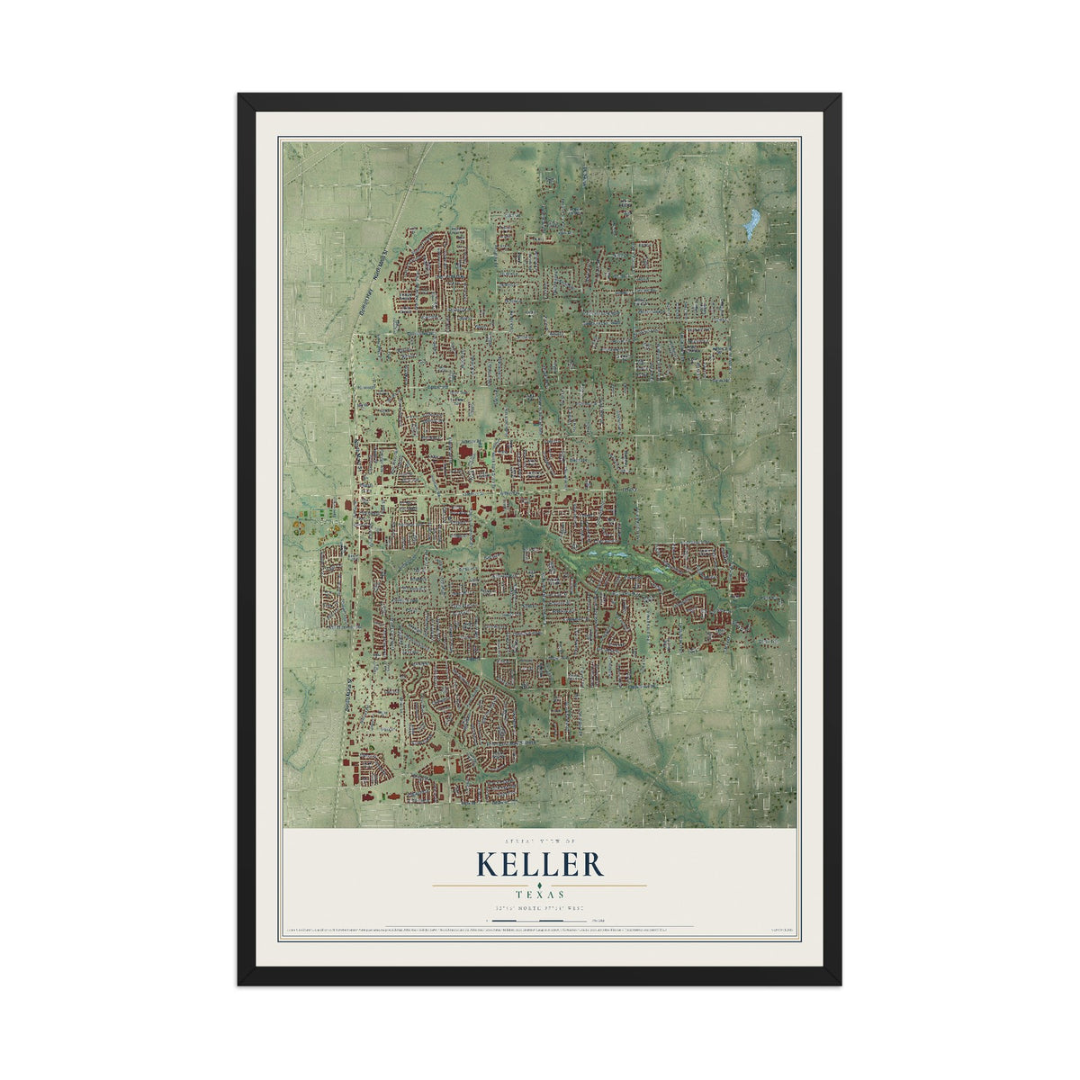Map of Keller, Texas, 12 x 18 inch print in a black wood frame