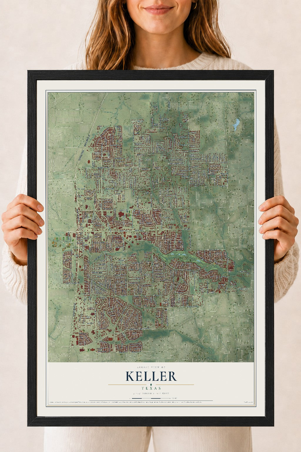 Map of Keller, Texas, 18 x 24 inch print in a black wood frame