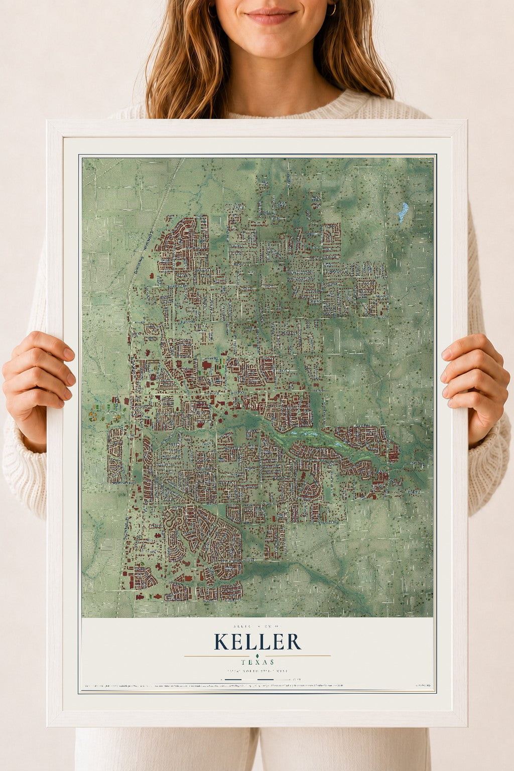 Map of Keller, Texas, 18 x 24 inch print in a white wood frame
